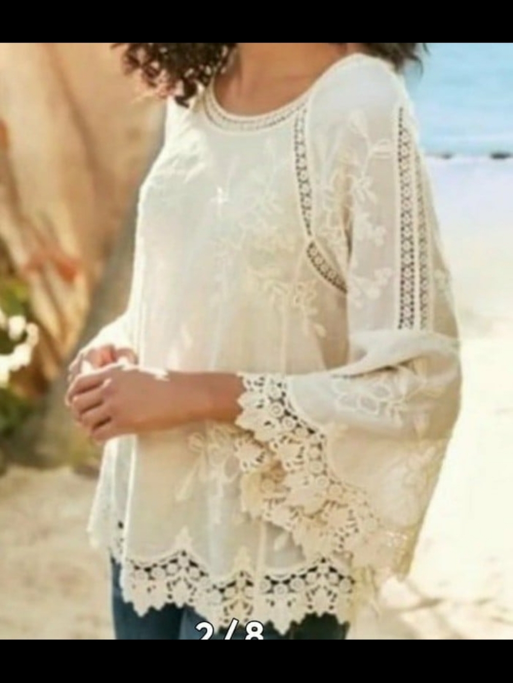 Soft Surroundings Romantique Embroidered Crochet Tunic Blouse, L,  Natural, EUC